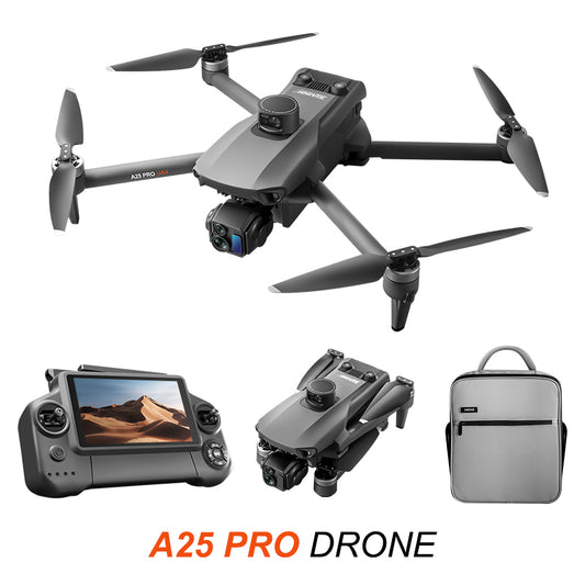 A25 PRO Drone: 5.5 Inch Android Touch Screen Remote Control + 45 mins Flight Endurance + 3-Axis Gimbal + Electric Adjustable 8K HD Dual Camera Lens + GPS Positioning Smart Return + 360° Laser Obstacle Avoidance + Brushless Motor Power + Optical Flow Hover
